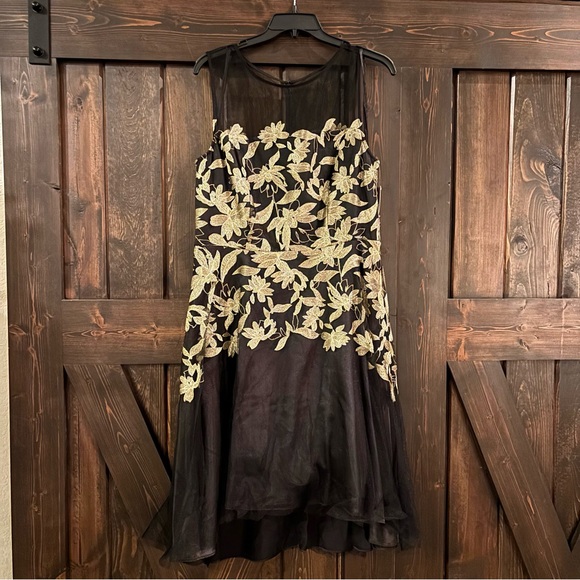 NWT Tahari ASL Black Lace Tulle Dress with Gold Floral Design 12 - Picture 2 of 11